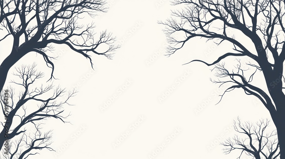 A graphic of bare, dark tree branches frame a pale, open background space A graphic of bare, dark tree branches frame a pale, open background space