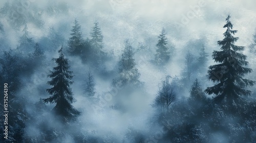 Misty winter forest scene with snow-covered trees.