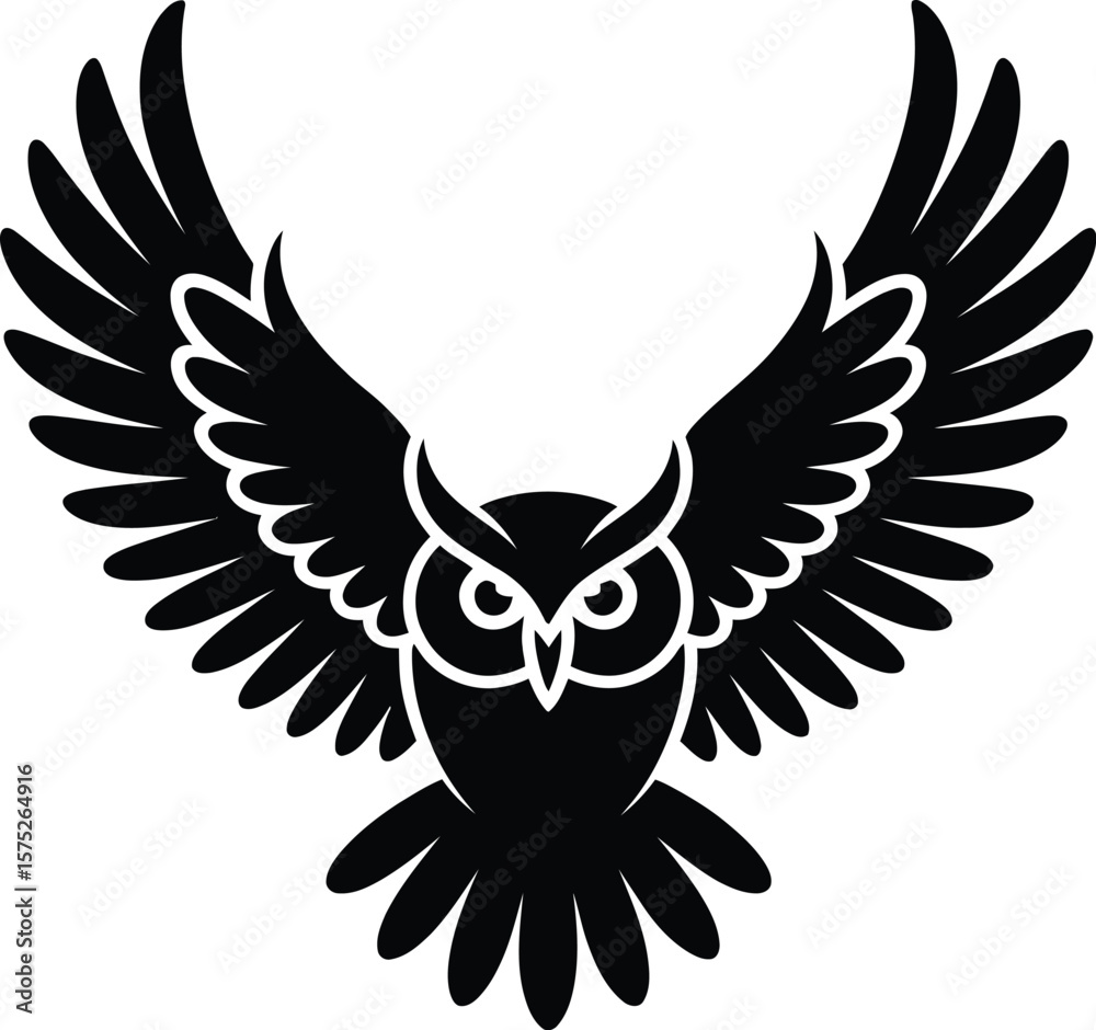 Fototapeta premium Black owl with spread wings flying