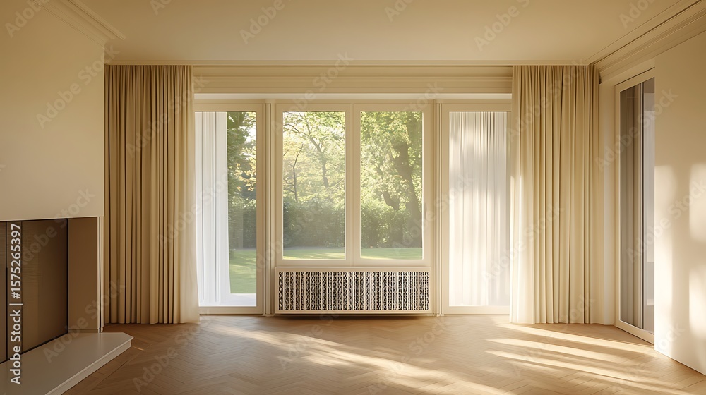 Fototapeta premium Bright Empty Room with Large Window, White Curtains, Fireplace and Wooden Floors