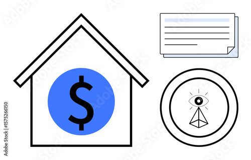 House outline with dollar emblem, stacked documents, and eye in triangle symbol. Ideal for themes thumbs up finance, real estate, insurance, observation, investment planning secure housing. Simple