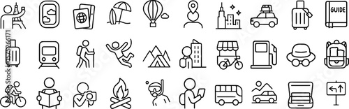 Travel and Adventure Stroke Icon Collection Containing Passport, Luggage, Transportation, Activities, and more icons. Editable Stroke Icon Collection Outline Icon.