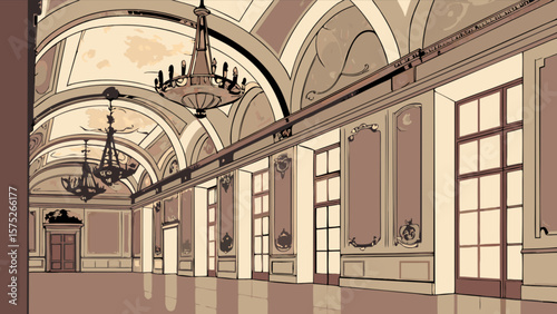 Illustrative ballroom interior design with chandelier lighting and architectural details drawing vector art