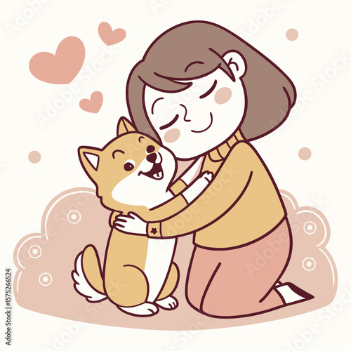 a woman hugging a dog with hearts on the background.
