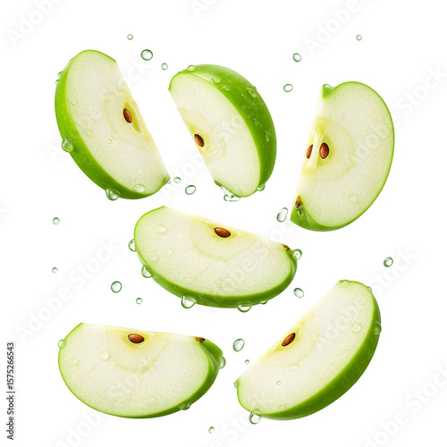 Falling green apple slices captured in motion isolated on white or transparent background. PNG format.