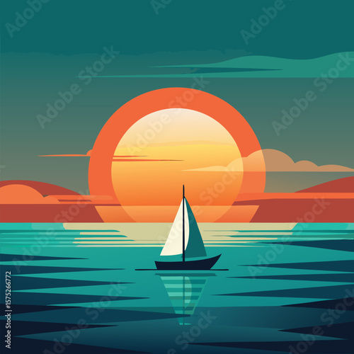 A beautiful sailboat glides across the tranquil sea at sunset, its sails catching the warm glow as it journeys towards the horizon