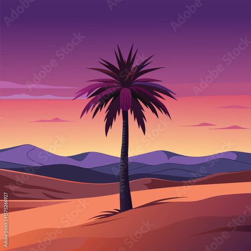 a desert landscape with a palm tree in the middle.