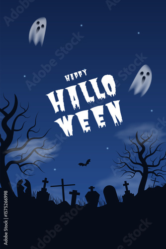 Happy Halloween vertical banner with graveyard, cemetery, bat, ghosts, sky. Autumn holiday design template flat style dark blue black background. Vector illustration