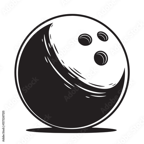 Black and white graphic illustration of a classic bowling ball ready to strike