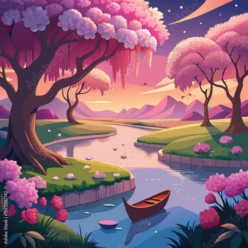 a cartoon illustration of a river and pink trees