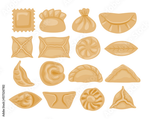 Set of dumpling shape set collection, dough meat dumpling cartoon, asian traditional food dessert, Chinese Asian Food Steamed Meal Dessert Snack Stuffed Wrapper Folding Culinary Cuisine Handmade