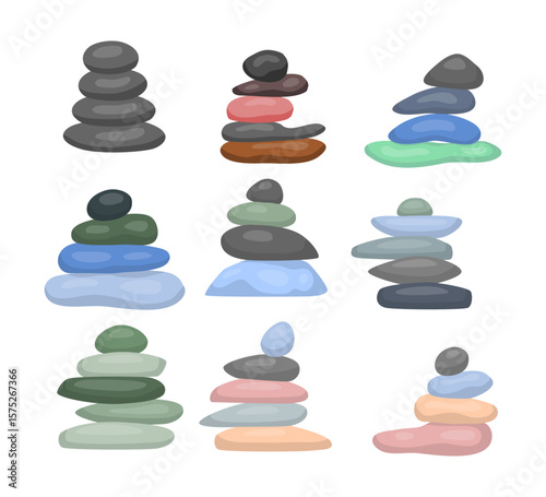 Set of balanced zen stone set collection, pebbles balancing in cartoon, relaxation or Meditation balance stone pyramid. Stacked pebbles, zen stone or hot stone stacks cairn