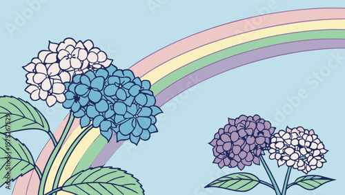 Pastel rainbow and hydrangea flower illustration for spring summer season floral art design background image