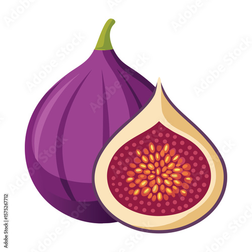 Fresh, ripe purple figs, some halved, isolated on a white background, perfect for a healthy diet