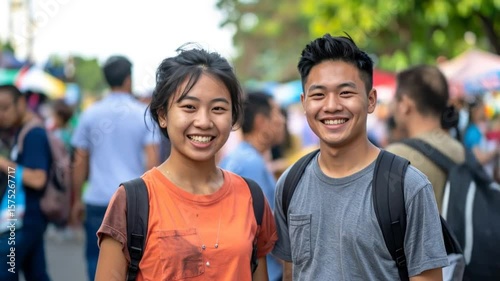 Two smiling young people outdoors in a crowd