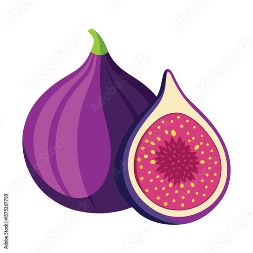 a whole purple fig with a cut side showin.