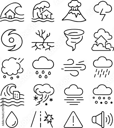 Collection of simple line art icons representing natural disasters and weather phenomena including floods volcanoes lightning hurricanes drought tornadoes hail rain wind and more