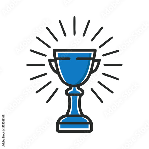 Trophy icon with rays in blue and black outline design  