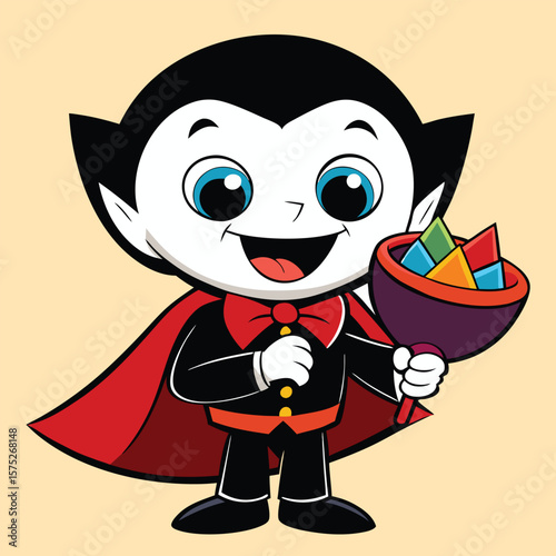 Cute Cartoon Vampire Boy Holding Candy Bowl For Halloween