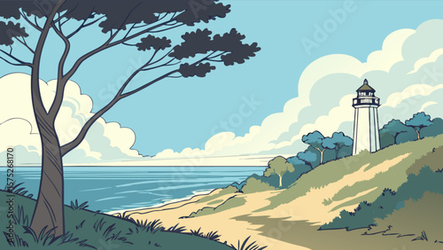 Coastal landscape with lighthouse tree and beach scenic view drawing illustration vector design art
