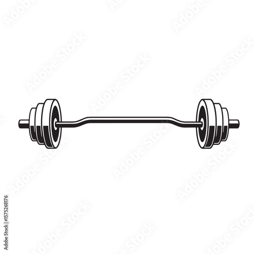 Black and white vector illustration of a classic barbell weight lifting equipment on white background