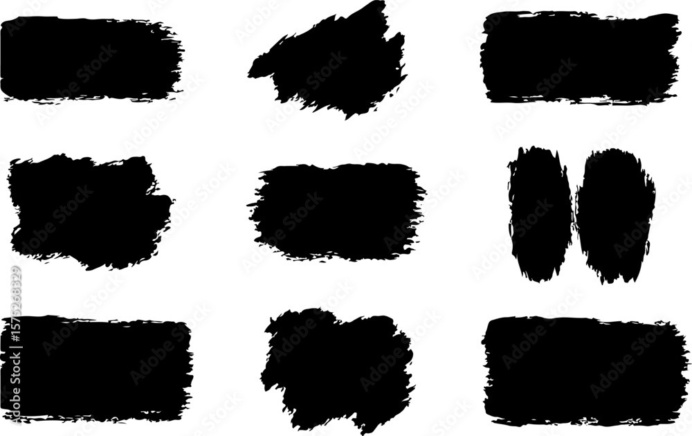 Collection of nine black grunge brush stroke shapes and paint splatters on a white background for graphic design elements