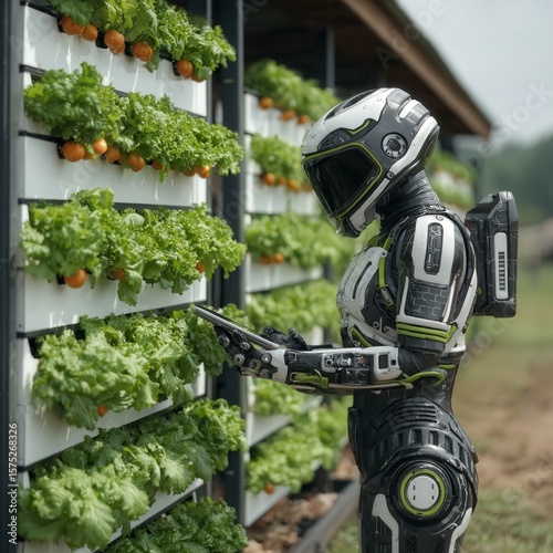 Young Uzbek woman in smart farming suit monitors vertical crops of pomegranates and herbs via tablet, with green-roof farmhouses in eco-futuristic setting.