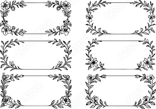 Collection of six decorative floral frames with elegant black line art branches and blooming flowers adorning the corners of empty rectangular spaces
