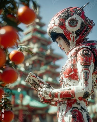 Young Uzbek woman in smart farming suit monitors vertical crops of pomegranates and herbs via tablet, with green-roof farmhouses in eco-futuristic setting.