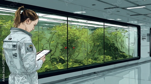 Young Uzbek woman in smart farming suit monitors vertical crops of pomegranates and herbs via tablet, with green-roof farmhouses in eco-futuristic setting.