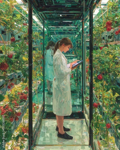 Young Uzbek woman in smart farming suit monitors vertical crops of pomegranates and herbs via tablet, with green-roof farmhouses in eco-futuristic setting.