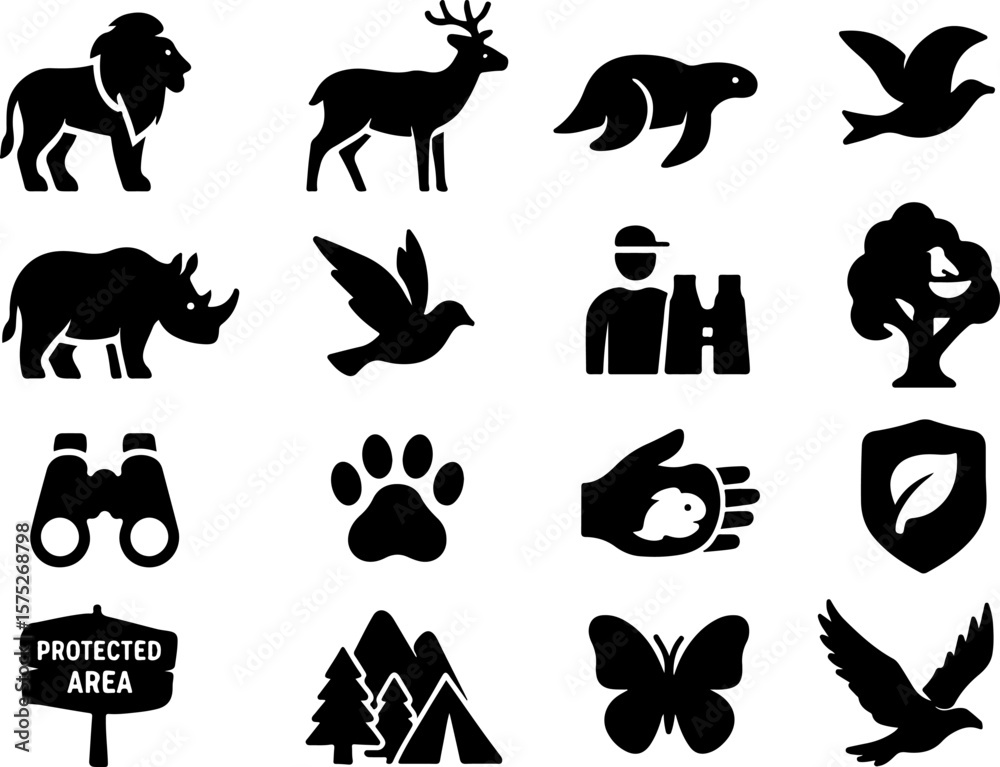 Naklejka premium Collection of black silhouette icons representing wildlife conservation nature protection and outdoor activities including animals birds plants and symbols of safety