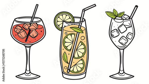 Refreshing summer cocktails vector illustration with ice cubes and citrus fruits design element 100