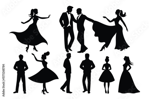 Elegant Couples Silhouette Collection Ballroom Dance Poses and Formal Attire
