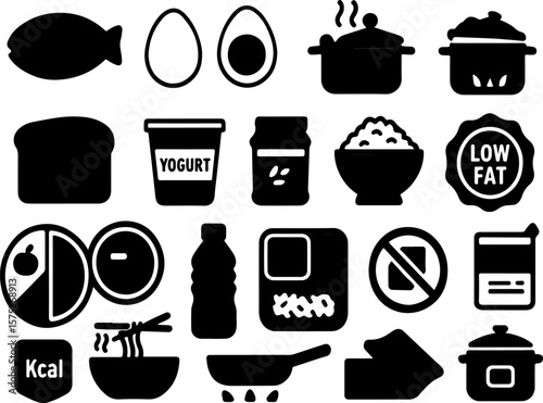 A collection of black and white silhouette icons representing various food items and dietary concepts including fish eggs yogurt bread rice and cooking pots