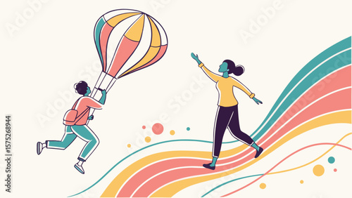 Hot air balloon adventure illustration of people chasing dreams and aspirations with colorful design elements