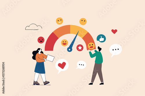Sentiment analysis on customer feedback, brand reputation or positive review, social voice, rating or opinion report, reaction or survey concept, business people analyze social sentiment dashboard.