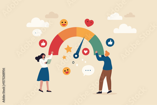 Sentiment analysis on customer feedback, brand reputation or positive review, social voice, rating or opinion report, reaction or survey concept, business people analyze social sentiment dashboard.