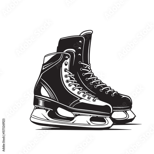 Classic pair of ice skates depicted in a professional black and white vector illustration