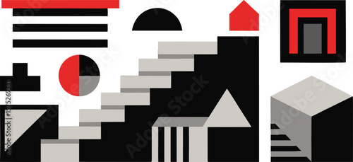 Vector art of abstract geometric shapes and architectural elements in a modern composition.
