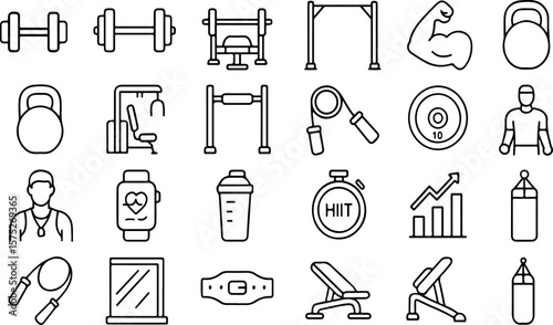 Collection of simple black line art icons representing various fitness equipment and activities for a healthy lifestyle and gym workout
