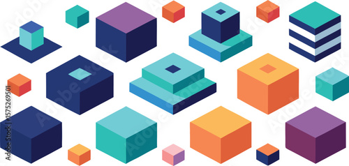 Vector art of a vibrant collection of isometric cubes in various colors and sizes arranged on a white background.