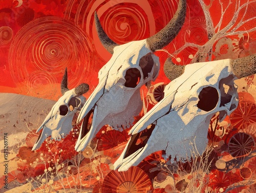 Artistic depiction of animal skulls with red backdrop and decorative elements symbolizing the desert