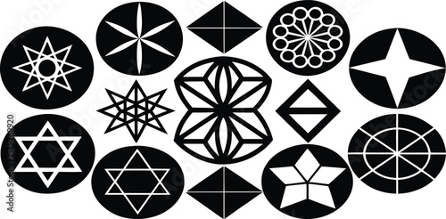 Vector art of a collection of diverse geometric symbols and patterns in black and white.