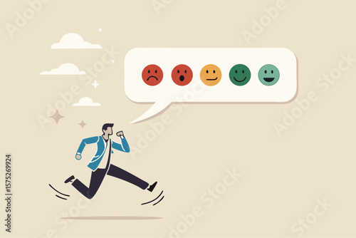 Customer satisfaction survey, service quality feedback, rating or opinion, user experience emoticon, angry or smile face review, client questionnaire concept, man shouting with satisfaction emoticon.