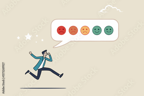 Customer satisfaction survey, service quality feedback, rating or opinion, user experience emoticon, angry or smile face review, client questionnaire concept, man shouting with satisfaction emoticon.