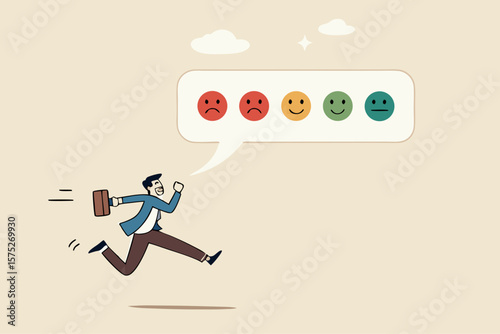 Customer satisfaction survey, service quality feedback, rating or opinion, user experience emoticon, angry or smile face review, client questionnaire concept, man shouting with satisfaction emoticon.