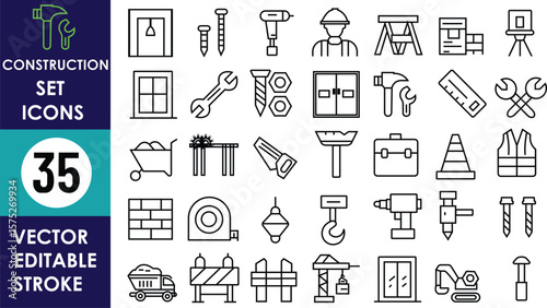 A clean construction icon set featuring tools, machinery, safety gear, and materials like hammer, wrench, drill, helmet, crane, bricks, cone, truck, hook, and toolbox