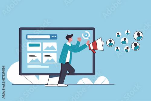 Lead generation, marketing campaign to attract client, customer or user to visit website, SEO strategy or traffic, online media advertising concept, marketing businessman draw customer to website.