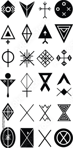 Vector art of a collection of diverse geometric and abstract symbols and icons.